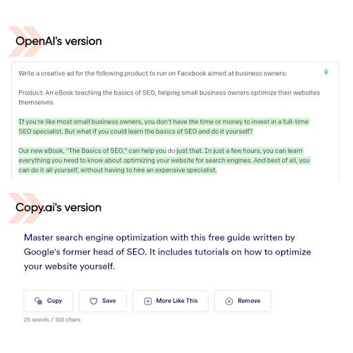 OpenAI vs Copy.ai ad copy. 