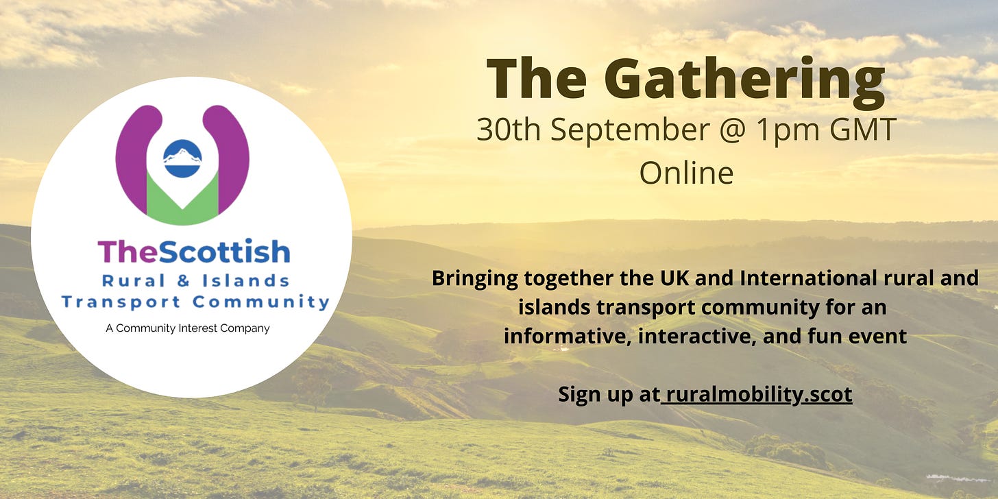 The Gathering is taking place online on 30th September. Come and talk rural mobility with SRITC! Sign up at https://ruralmobility.scot