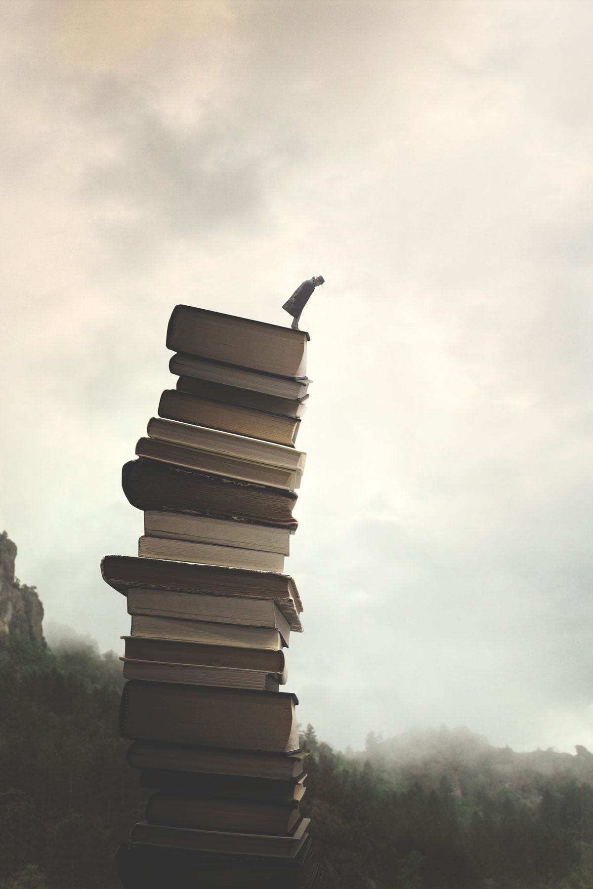 Wake-up Toolkit: Woman Standing on Stack of Books and Looking Down