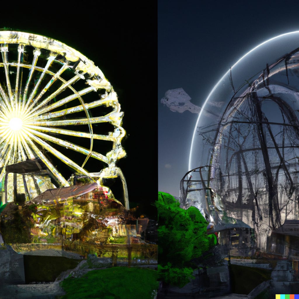 A digital painting of a collapsing ferris wheel by a Shinto temple, split with an image of a futuristic decaying bubble structure.