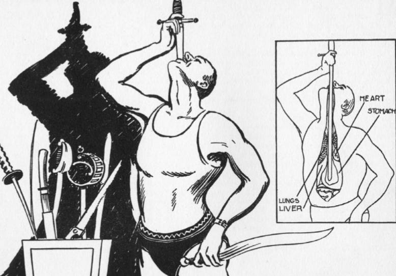 Ilustração antiga de um engolidor de espadas. Ao lado, um diagrama demonstrando como a espada passa pelo esôfago e vai até o fundo do estômago, desviando de coração e pulmões