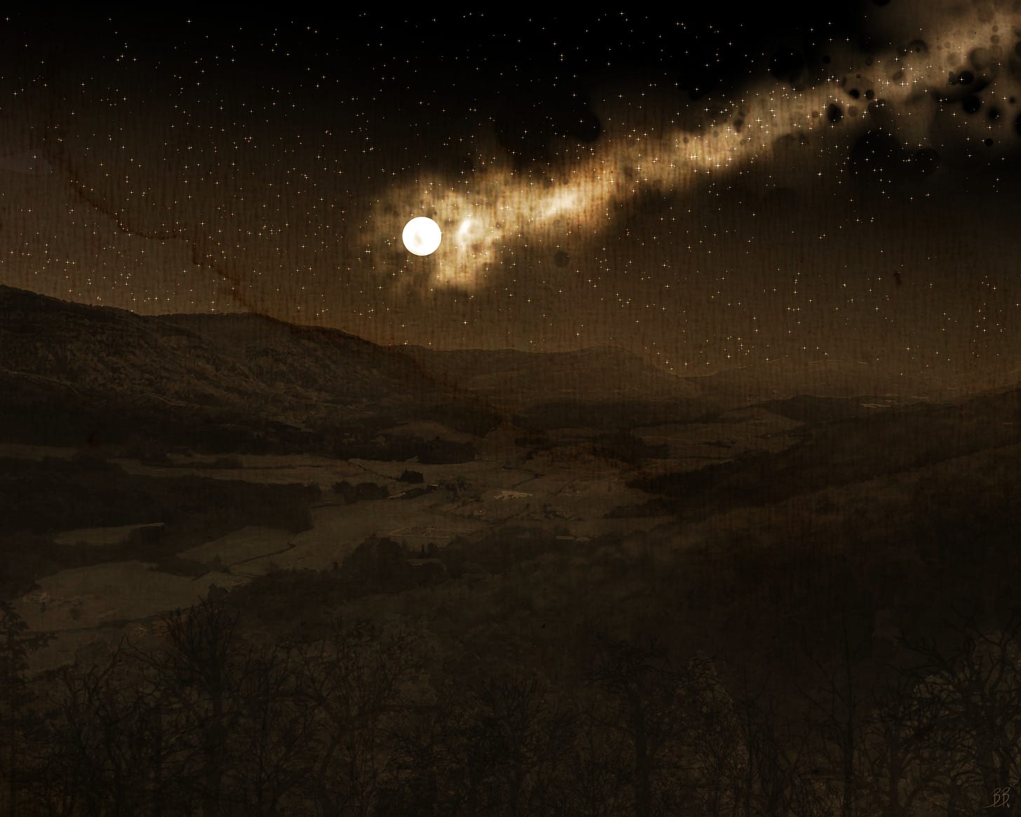 A mysterious pearl-like object moves through the sky above a majestic winter valley in a sepia-toned image.