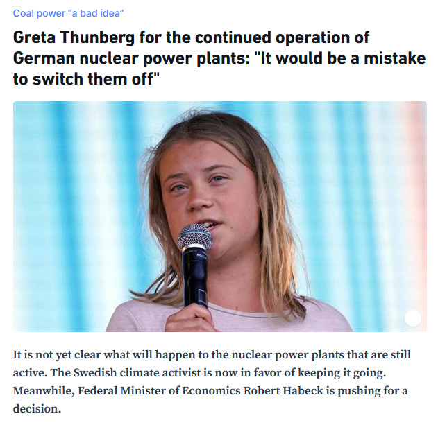 John Quakes on Twitter: "Well I'll be damned!🤠🐂 Even Greta Thunberg is  turning pro-#Nuclear🤯 making it public that she thinks #Germany switching  off its nuclear power plants "would be a mistake".🌞⚛️🇩🇪 #Uranium #