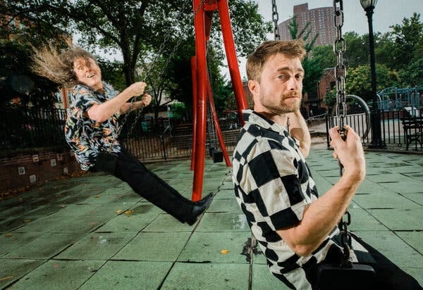 The real Weird Al Yankovic, left, and his movie double, Daniel Radcliffe. &ldquo;I hope this confuses a lot of people,&rdquo; the musician said of their biopic.
