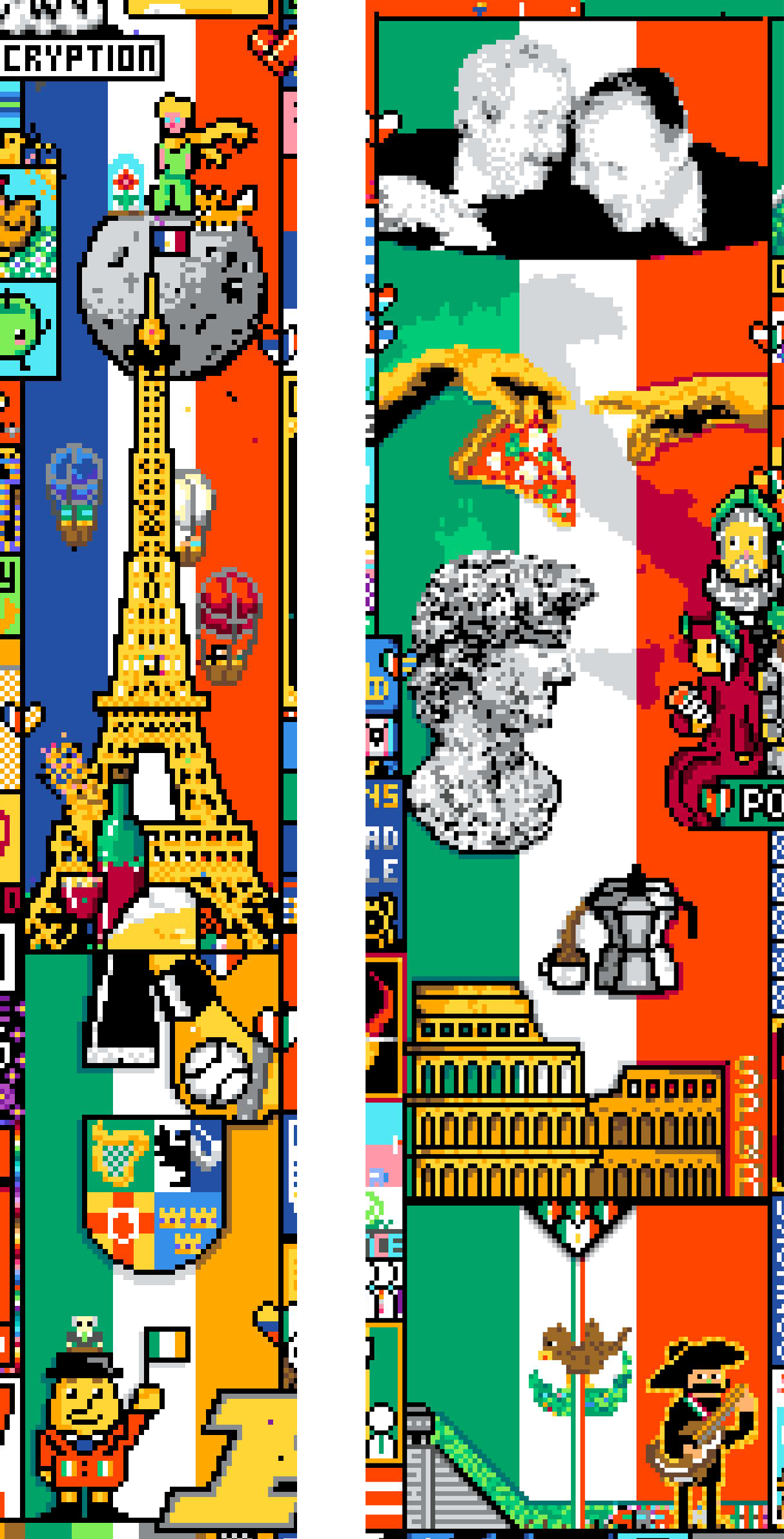 colaborações entre bandeiras similares foram um sucesso (França+Irlanda à esquerda, Itália+México à direita)