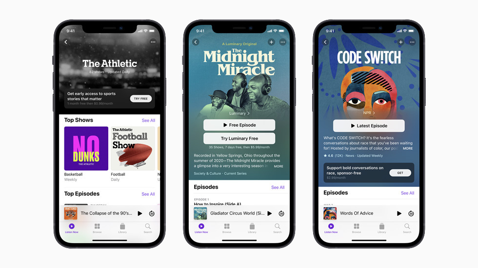 The Athletic, The Midnight Miracle, and Code Switch podcasts, each displayed on separate iPhone 12.