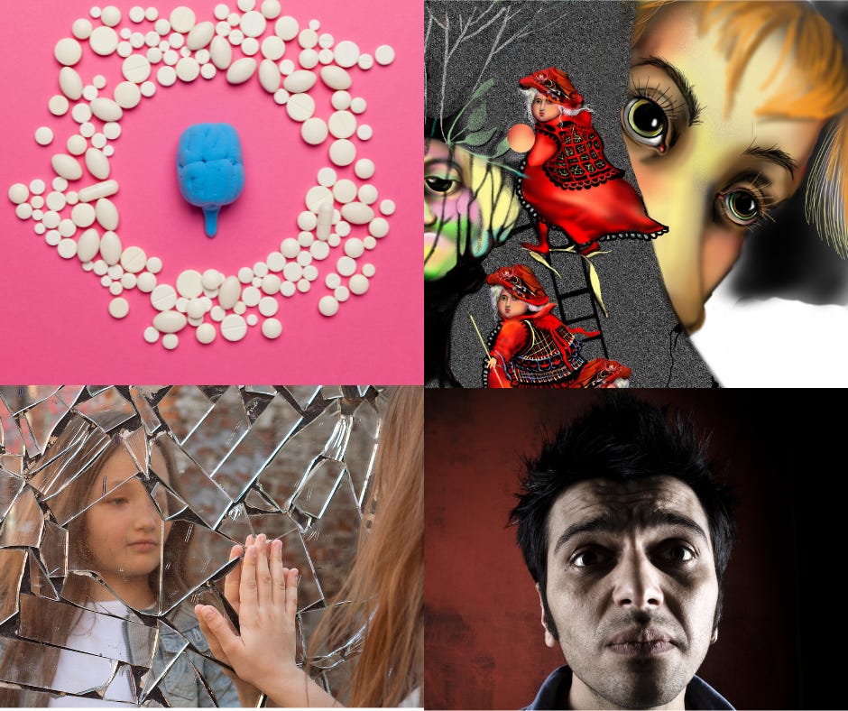 Four pictures depicting elements related to schizophrenia, the disability and challenges, and the reality of the illness with different faces of some representation of schizophrenia or distress and one picture of a brain surrounded by medication