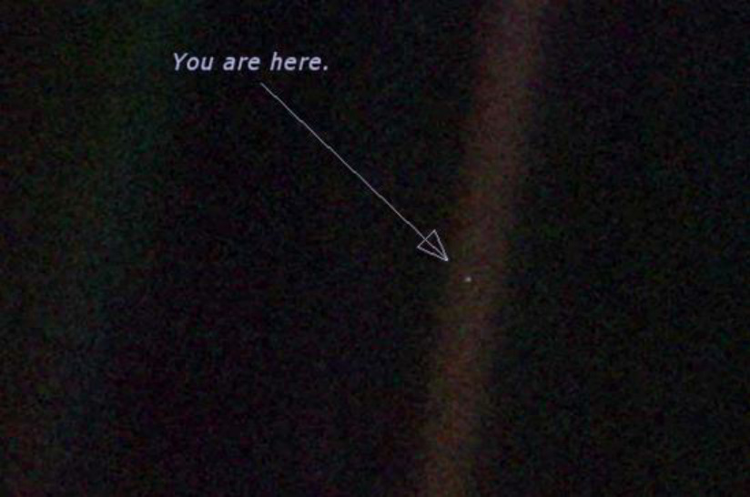 “Pale blue dot”. Image credit: NASA. The guiding question is, do we really have any privileged position in the universe? Since 