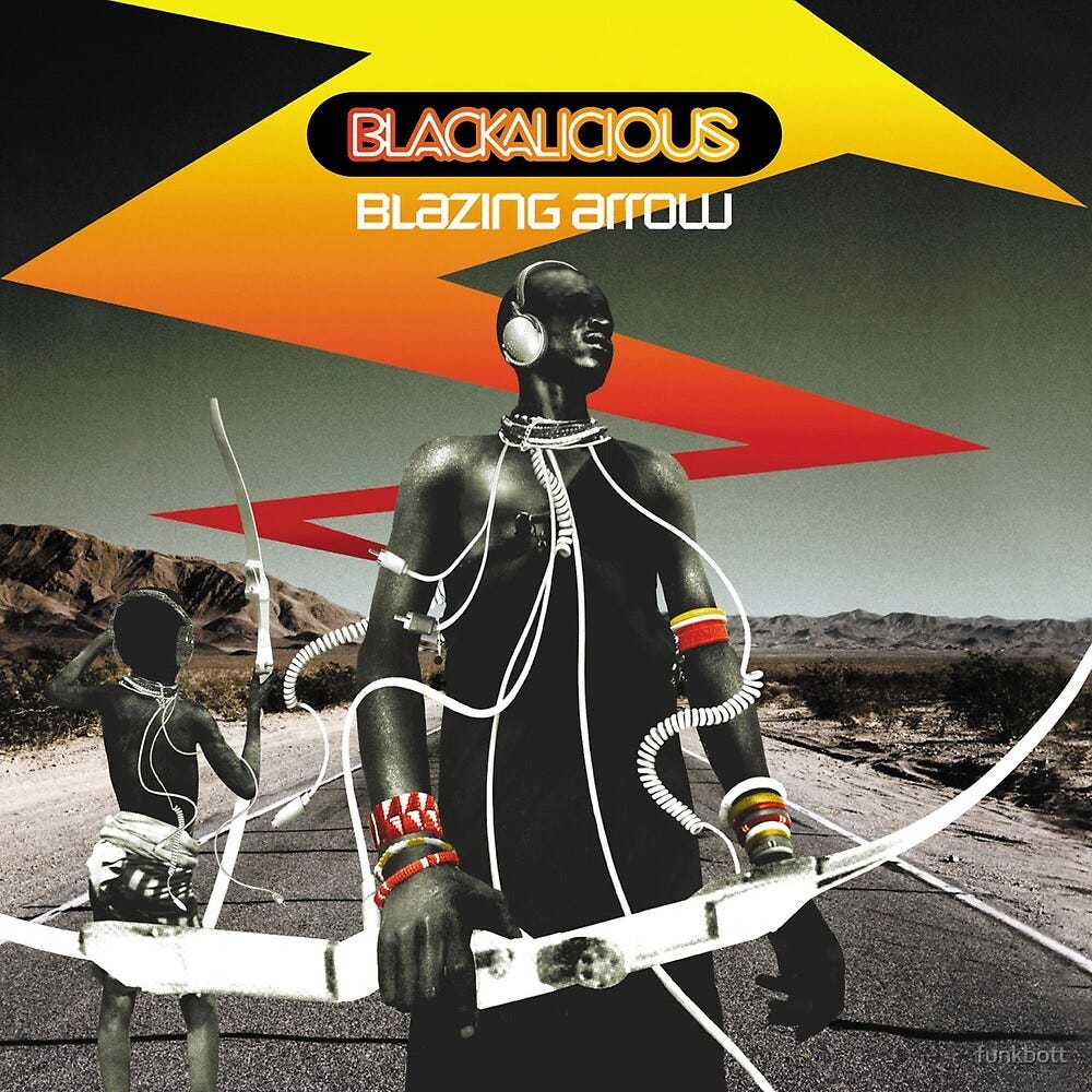 the album cover for the Blackalicious album, Blazing Arrow. A bolt of yellow, orange, and red lightning descends from the top of the image of a man, rendered in black and white, in a tunic and headphones with cables attached to a bow, while a child stands beside him, also outfitted with an arrow.