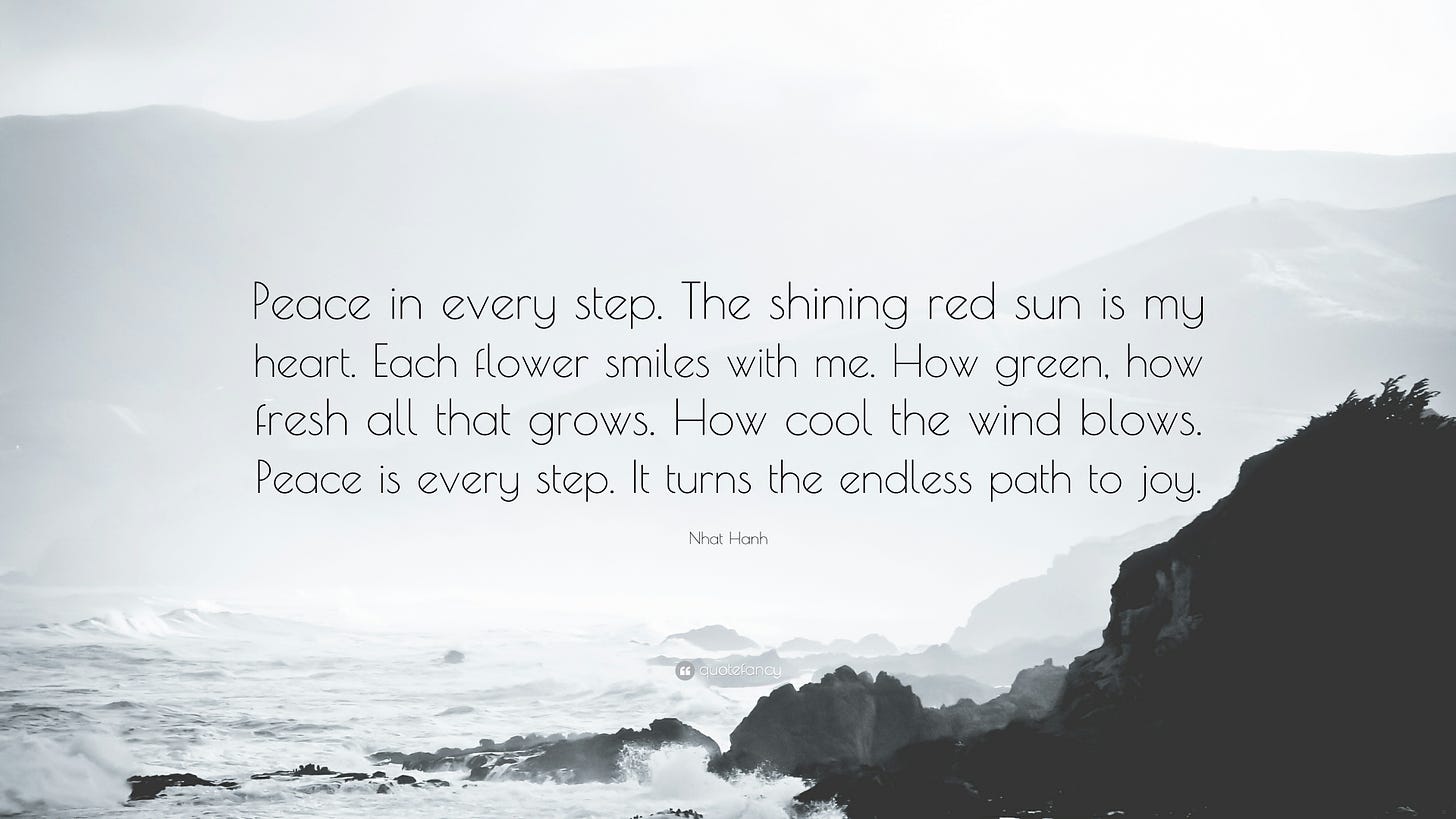 Nhat Hanh Quote: “Peace in every step. The shining red sun is my heart. Each  flower smiles with me. How green, how fresh all that grows. H...”