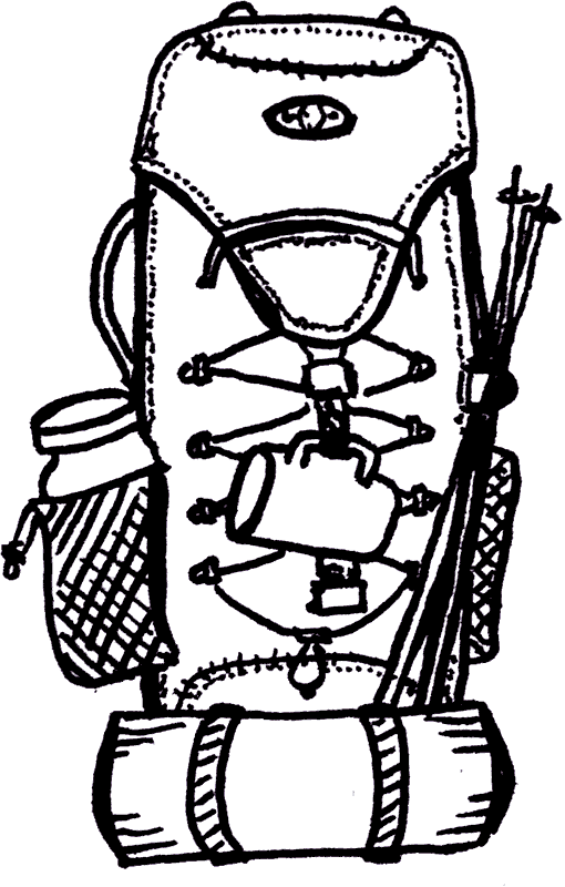 Illustration of backpack with hiking poles, sleeping roll, and mug attached with bungee cords
