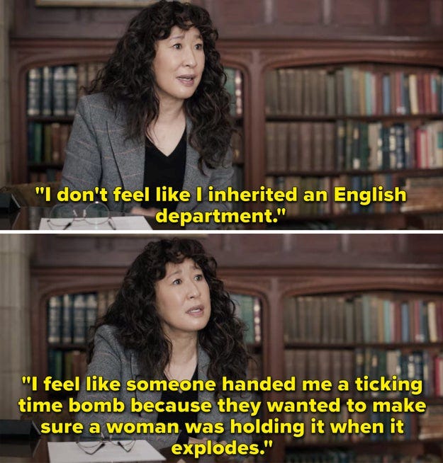 An Asian American woman says I don't feel like I inherited an English department. I feel like someone handed me a ticking time bomb because they wanted to make sure a woman was holding it when it explodes