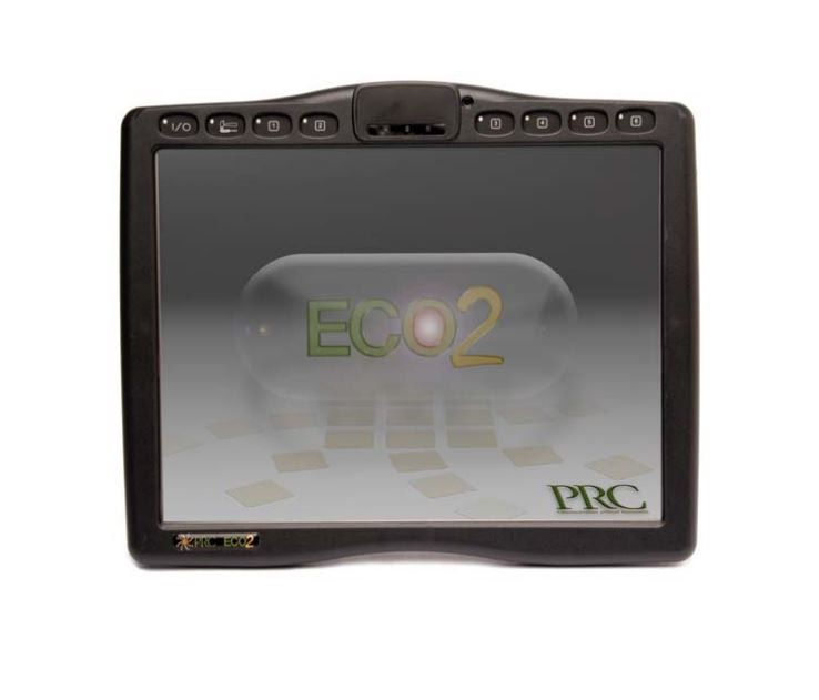 The advertised picture for the ECO2 by PRC. The ECO2 is a black plastic tablet with a full touch screen. There are four buttons across the top on the left of it and four on the right top as well. In the top middle there is a rectangular plastic piece. "ECO2" is shown on the screen of the ECO2.