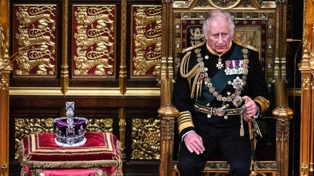 The Imperial State Crown placed next to Prince Charles as he reads the Queen's Speech in his mother's place today 