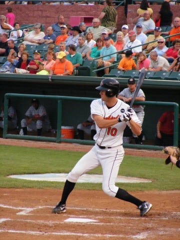 Jacob Julius steps into a Hagerstown pitch in this game August 8th. Photo by Kim Corkran.