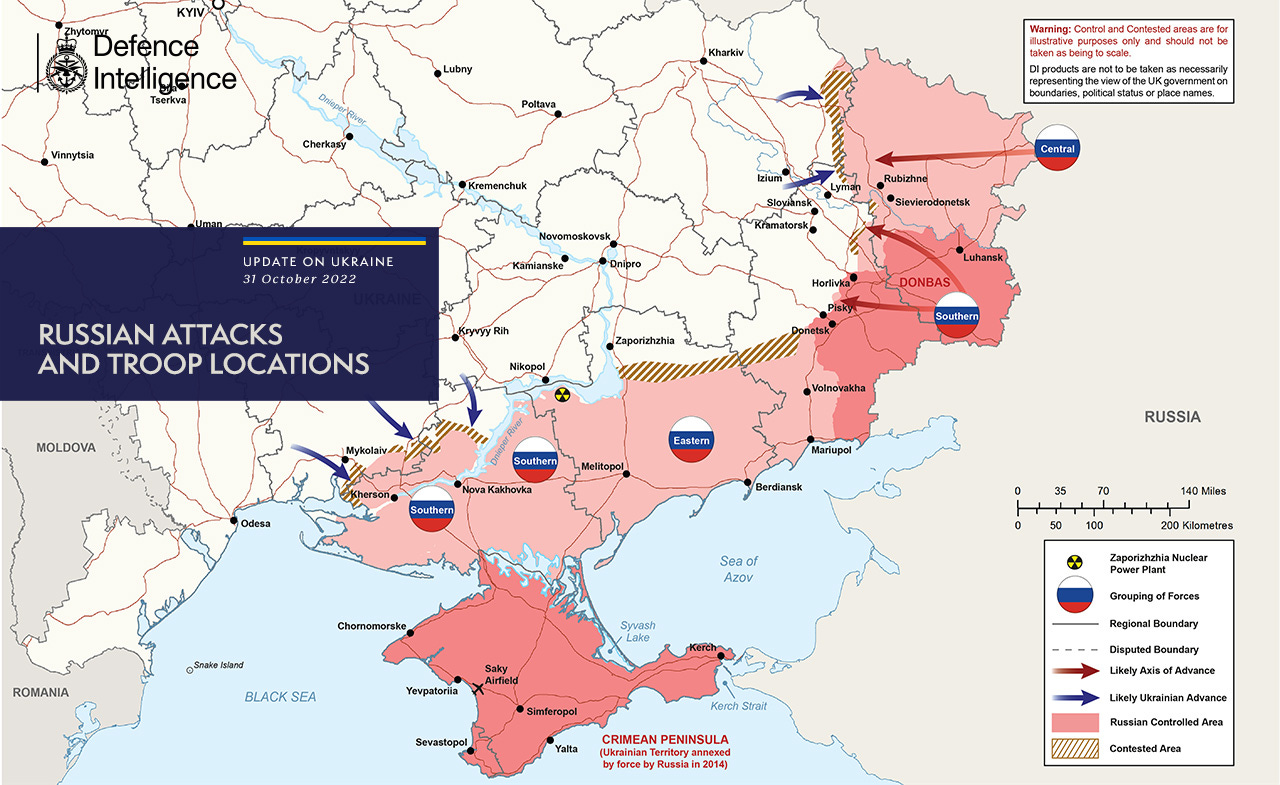 A map showing contested areas in Ukrainian territory following Russia's illegal and unprovoked invasion of Ukraine.