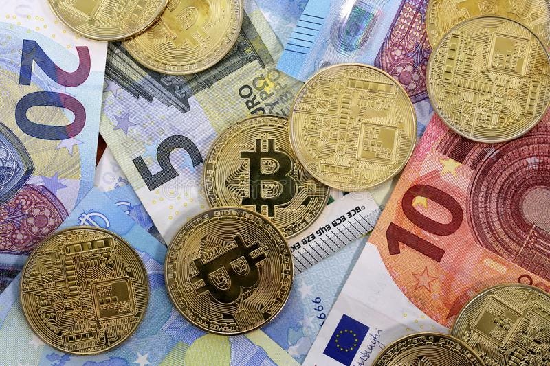 Bitcoin Coins EU Euro Banknotes Stock Image - Image of ...