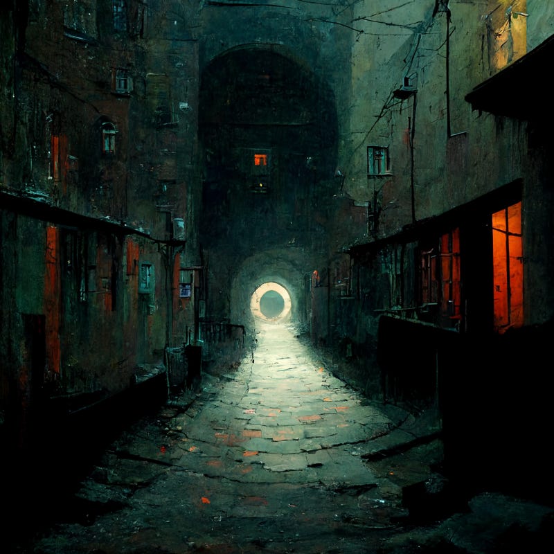 A circle of bright light, like a door or gate illuminates a dark city alleyway. The only other lights are faint red lights from the windows of buildings.