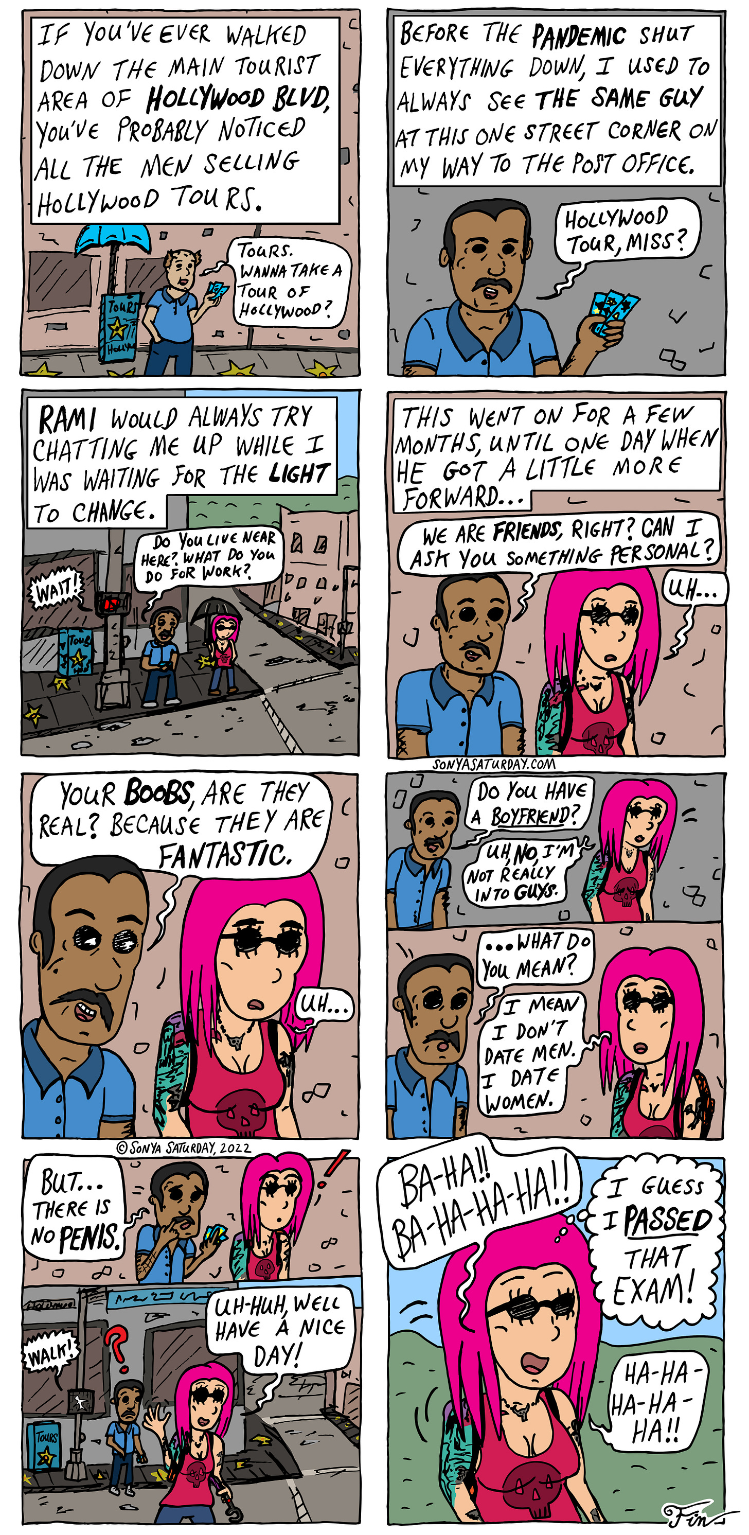 Comic strip about a guy selling tours of Hollywood, by Sonya Saturday