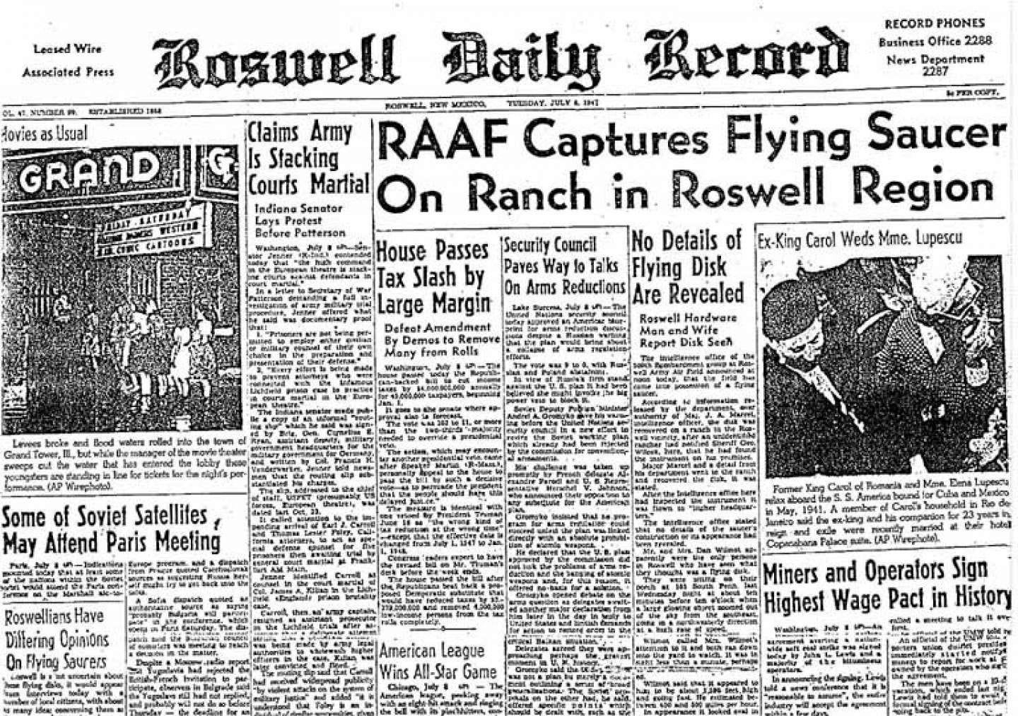 Front page of the Roswell Daily Record announcing the Roswell Army Air Field captured a UFO on July, 8th 1947