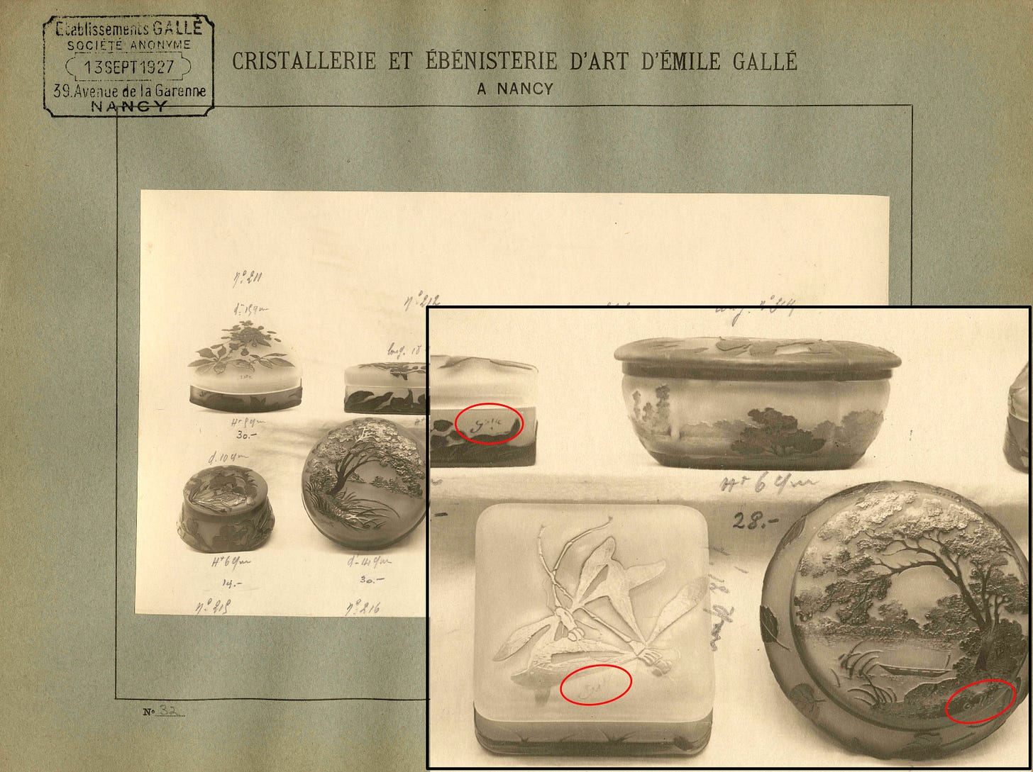 Gallé sales album from the Rakow library : close-up of the plate 27 showing the Mk IV signature on 3 candy boxes. ©Rakow LIbrary, Corning Museum of Glass.