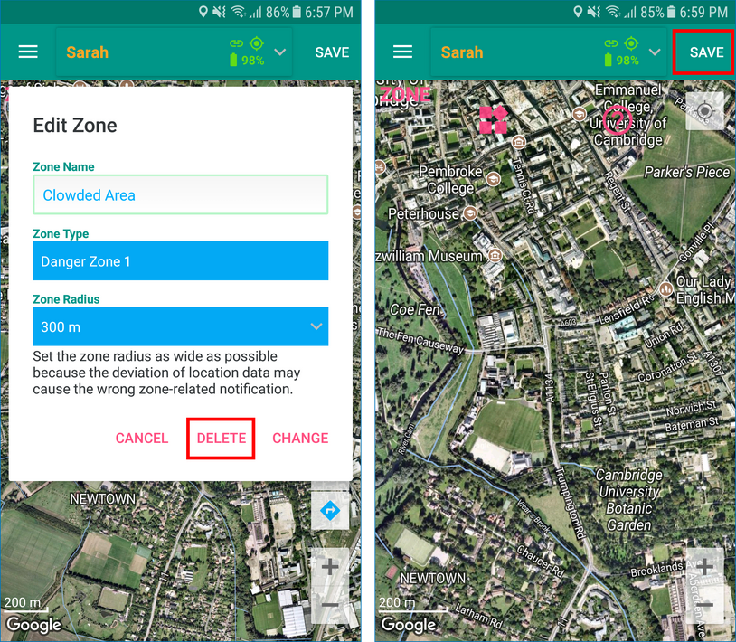 GeoFamily Controller App User Saves Deleted Zone - Screen | GPS Tracking App