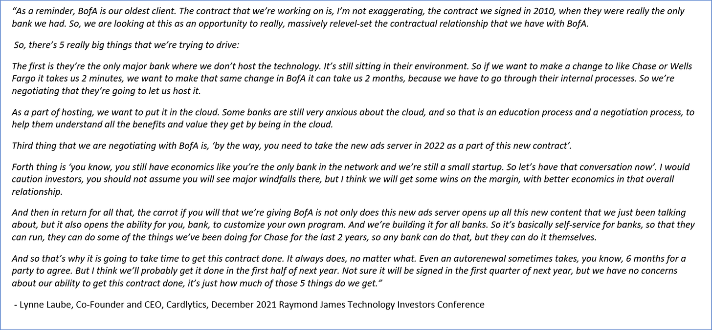 BofA, Cardlytics, CDLX, Bank of America, BofA renewal with Cardlytics, Figg, Rewards Network, Augeo, Lynne Laube, Co-Founder and CEO, Cardlytics, December 2021 Raymond James Technology Investors Conference, CDLX, Swany407, Austin Swanson, Host tech, cloud, machine learning, dynamic pricing, auction-based pricing, revenue share, new ads server, bank self-service