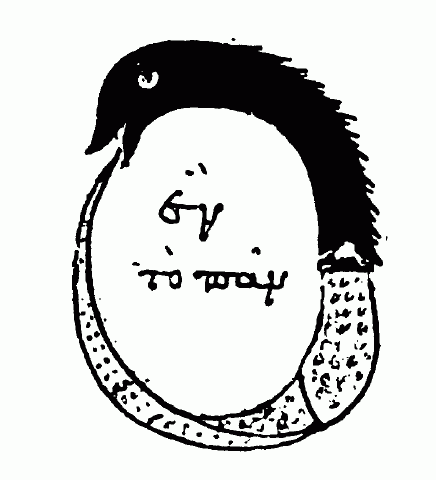 A 10th century illustration of a snake or serpent eating its own tale, with the words "the all is one" in Greek in the middle.