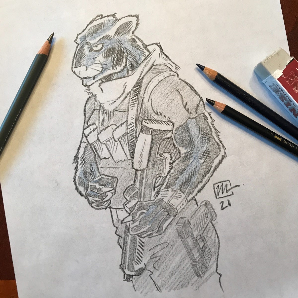 A color pencil sketch of a cat-humanoid warrior with a rifle and drawing supplies scattered around the drawing.