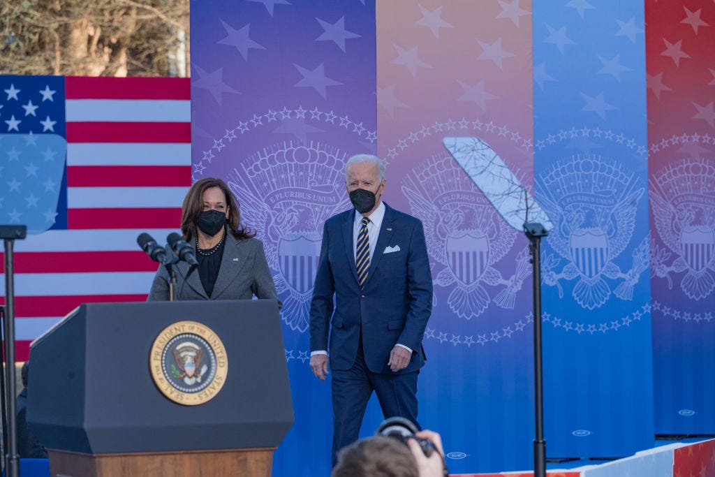 President Joe Biden and Vice President Kamala Harris arrive to speak to a crowd at the Atlanta University Center Consortium, part of both Morehouse College and Clark Atlanta University on January 11, 2022 in Atlanta, Georgia. Biden and Harris delivered remarks on voting rights legislation. Georgia has been a focus point for voting legislation after the state voted Democratic for the first time in almost 30 years in the 2020 election. As a result, the Georgia House passed House Bill 531 to limit voting hours, drop boxes, and require a government ID when voting by mail. (Photo by Megan Varner/Getty Images) President Joe Biden and Vice President Kamala Harris arrive to speak to a crowd at the Atlanta University Center Consortium, part of both Morehouse College and Clark Atlanta University on January 11, 2022 in Atlanta, Georgia. Biden and Harris delivered remarks on voting rights legislation. Georgia has been a focus point for voting legislation after the state voted Democratic for the first time in almost 30 years in the 2020 election. As a result, the Georgia House passed House Bill 531 to limit voting hours, drop boxes, and require a government ID when voting by mail. (Photo by Megan Varner/Getty Images)
