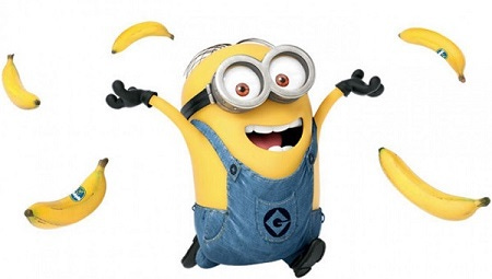 minion character smiling with joy and throwing bananas