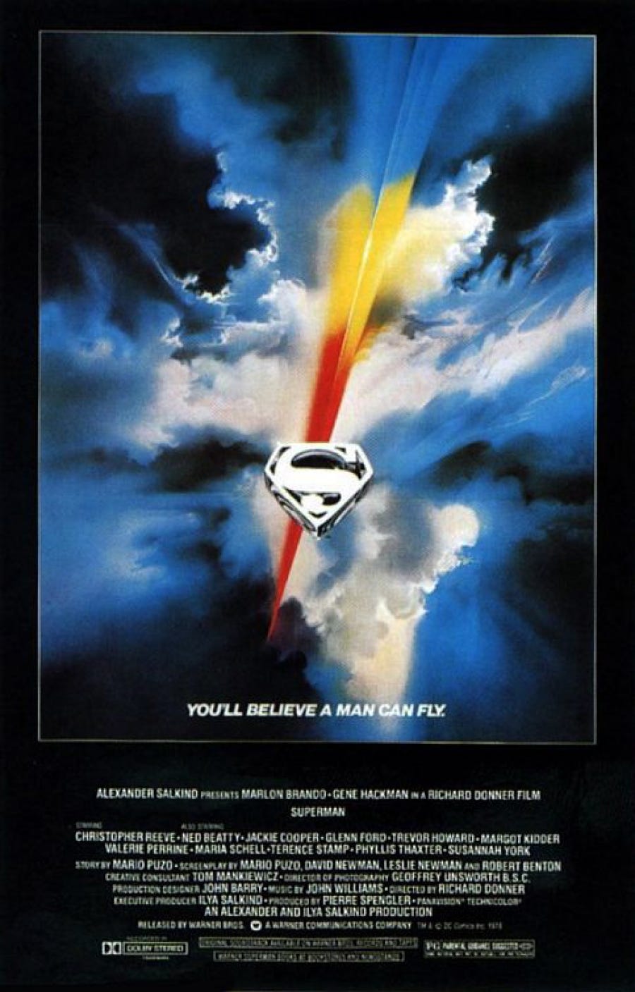 Poster from the film Superman with the text You'll believe a man can fly.