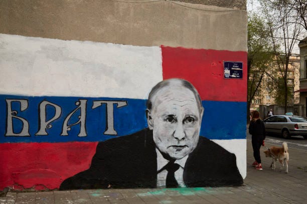 Mural likening Vladimir Putin, the president of the Russian Federation, with the text in cyrillic letters reading Brother on March 29, 2022 in...
