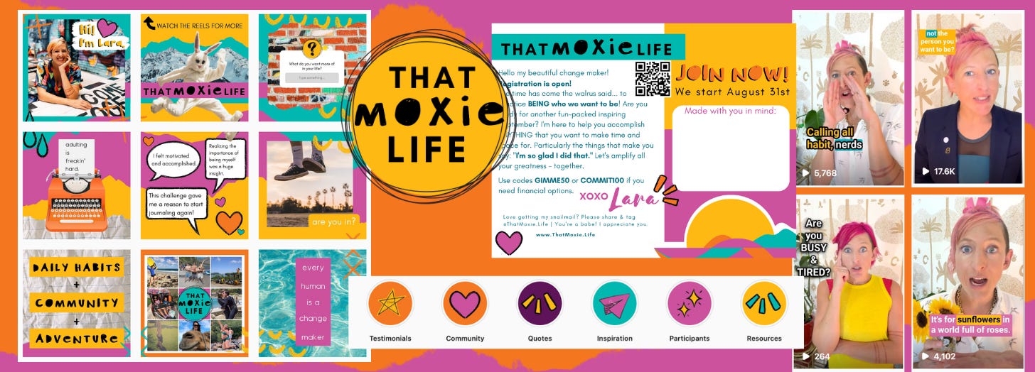That Moxie Life client feature: Graphic shows an Instagram 9 grid, Icons with links, and four examples of reels screenshots. 