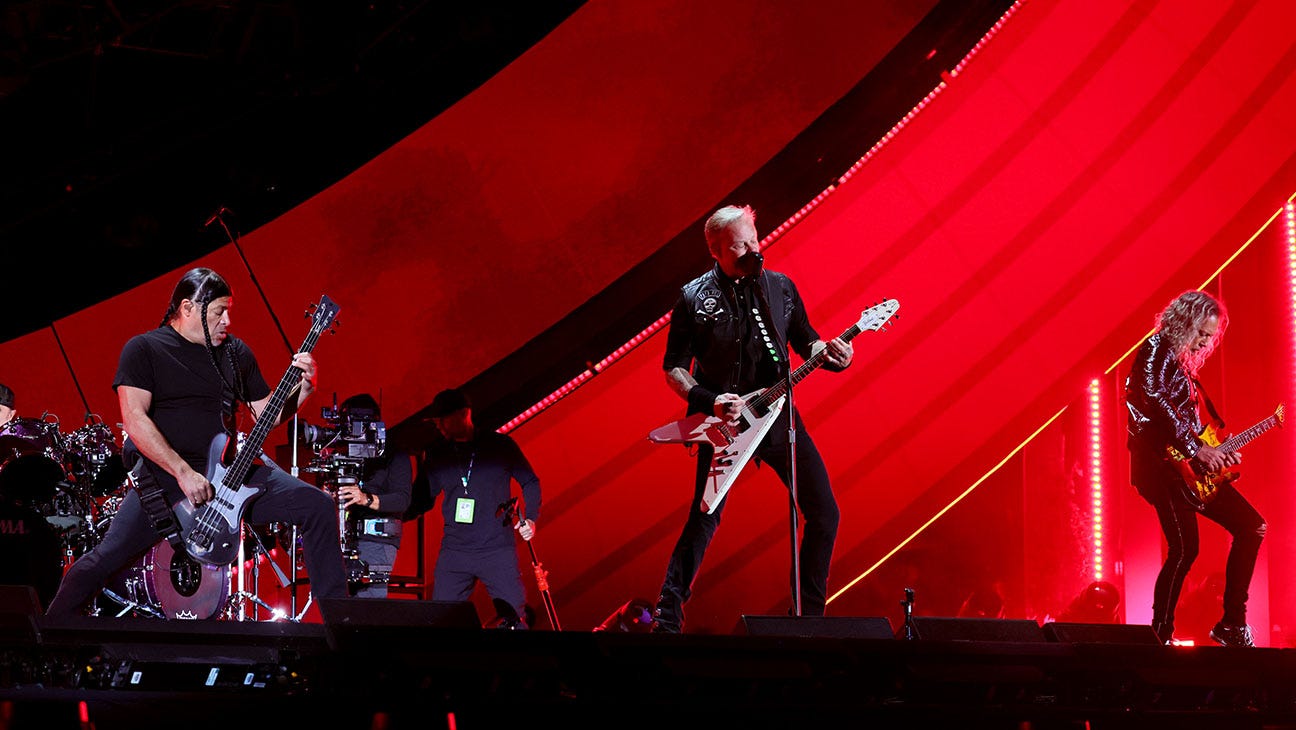 Robert Trujillo, James Hetfield and Kirk Hammett of Metallica perform onstage during Global Citizen Festival 2022: New York at Central Park on September 24, 2022 in New York City.