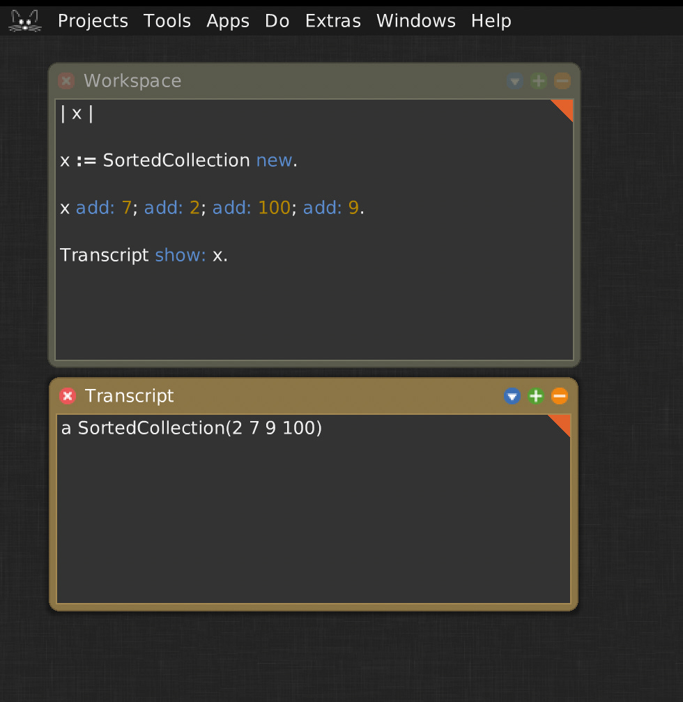 Smalltalk-Squeak environment showing a sorted collection
