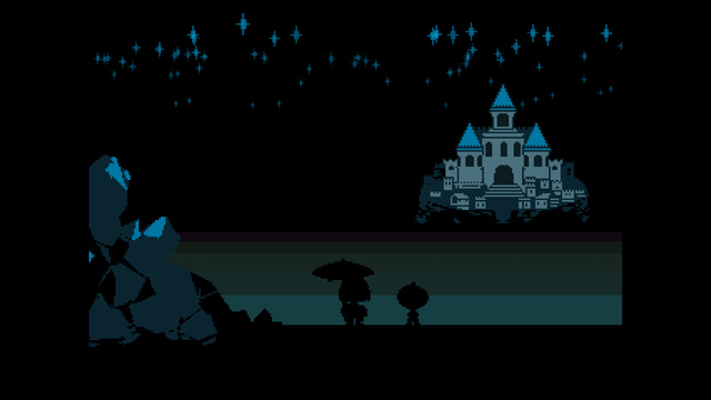 A large blue-tipped castle sits in the distance, underneath a dark sky full of blue sparkles. Two child-like figures, one holding an umbrella, stand next to each other in the foreground in silhouette, looking out at the view.