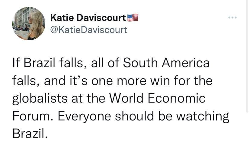 May be a Twitter screenshot of text that says 'Katie Daviscourt @KatieDaviscourt If Brazil falls, all of South America falls, and it' it's one more win for the globalists at the World Economic Forum. Everyone should be watching Brazil.'