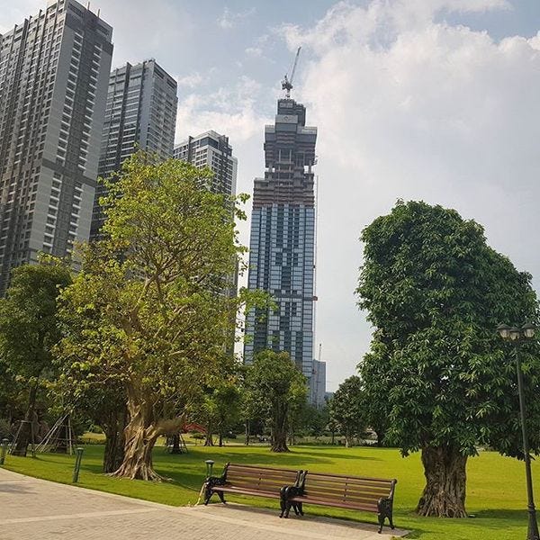 A new park in Saigon, and the Landmark 81 Tower, which is about 55 of its 81 floors complete.