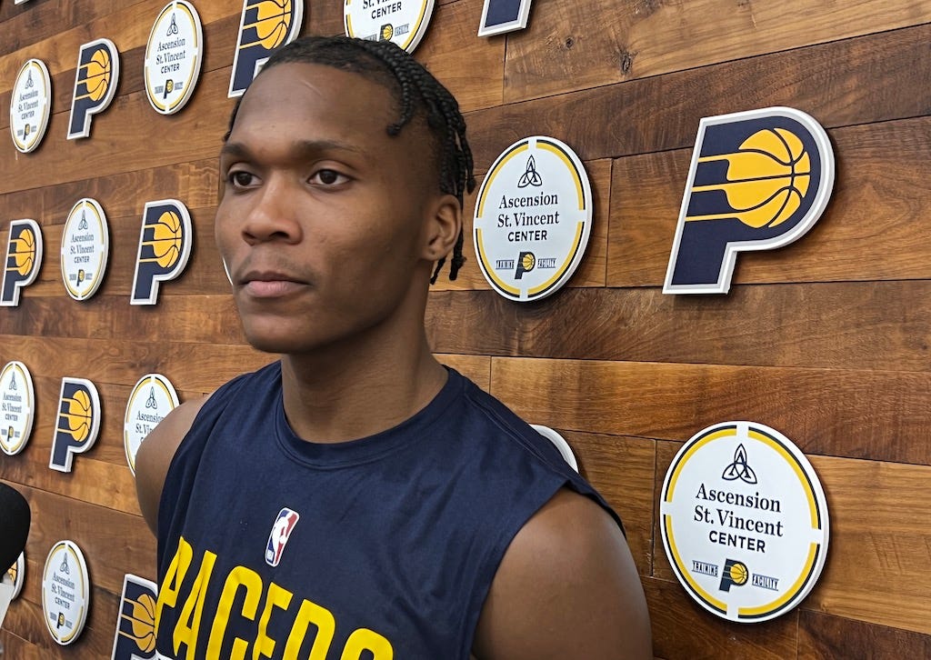 Bennedict Mathurin talks with reporters following Pacers practice.
