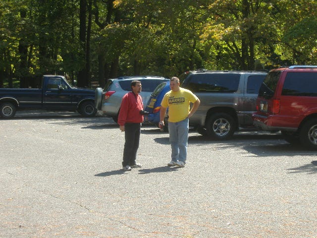 Local blogger Joe Albero talks shop with Lower Shore coordinator Dustin Mills of the Harris campaign.