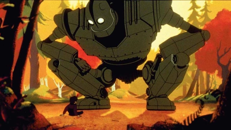 Hogarth and the Iron Giant face each other. 