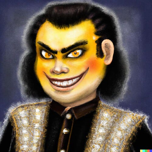 DALL·E 2022-09-20 03.50.44 - a small, malicious, evilly grinning villainous man with a wispy combover of greasy black hair wearing a glittering sequined shirt and black eye make-u