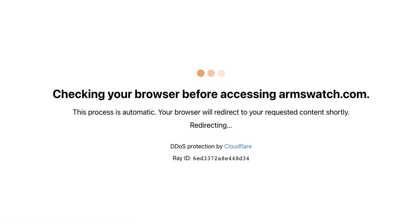 A white background. Centered is three coloured dots as if the page is loading or buffering. Beneath the dots, centered black text reads: “Checking your browser before accessing armswatch.com.” Beneath that reads: “This process is automatic. Your browser will redirect to your requested content shortly.” Beneath that reads: “Redirecting…” Beneath that reads: “DDoS protection by Cloudflare”. “Cloudflare” is in light blue font.