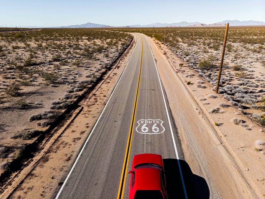 Aerial view of car driving in on Route 66, USA