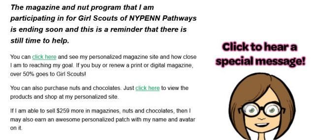 Screenshot of an email from the Girl Scouts with a cartoon rendering of a girl with brown hair wearing glasses