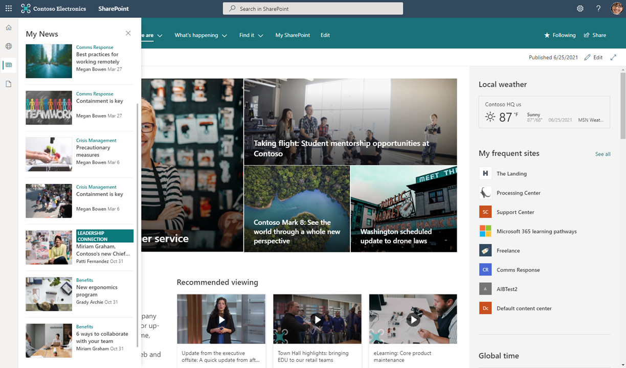 This example Contoso intranet landing site brings together news, events, content, conversations and video to deliver an engaging experience that reflects employees’ voice, priorities, along with company brand. 