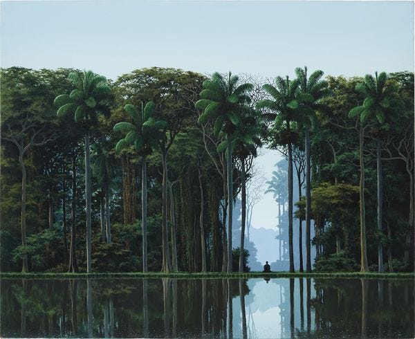 Channeling diverse art historical precedents such as Casper David Friedrich and the Hudson River School, Sánchez presents a landscape of the mind – one that transcends geographical specificity in favor of a spiritual, imaginary place. 