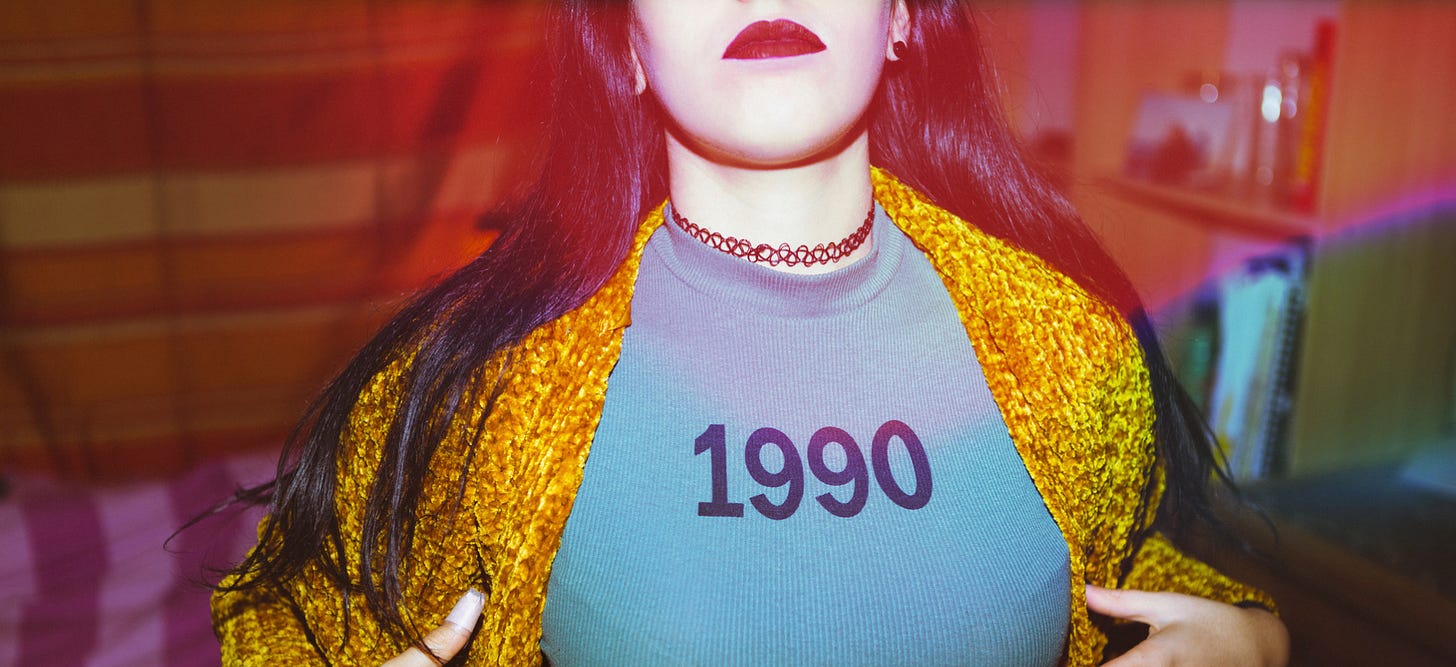 1990 t-shirt on woman with dark red lipstick