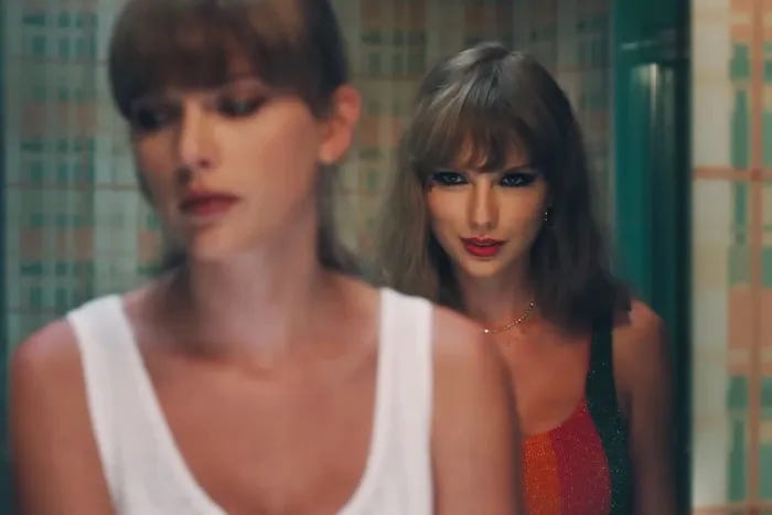 Taylor Swift in the foreground, forlorn and blurred with Taylor Swift behind her, in focus and looking mischievous 